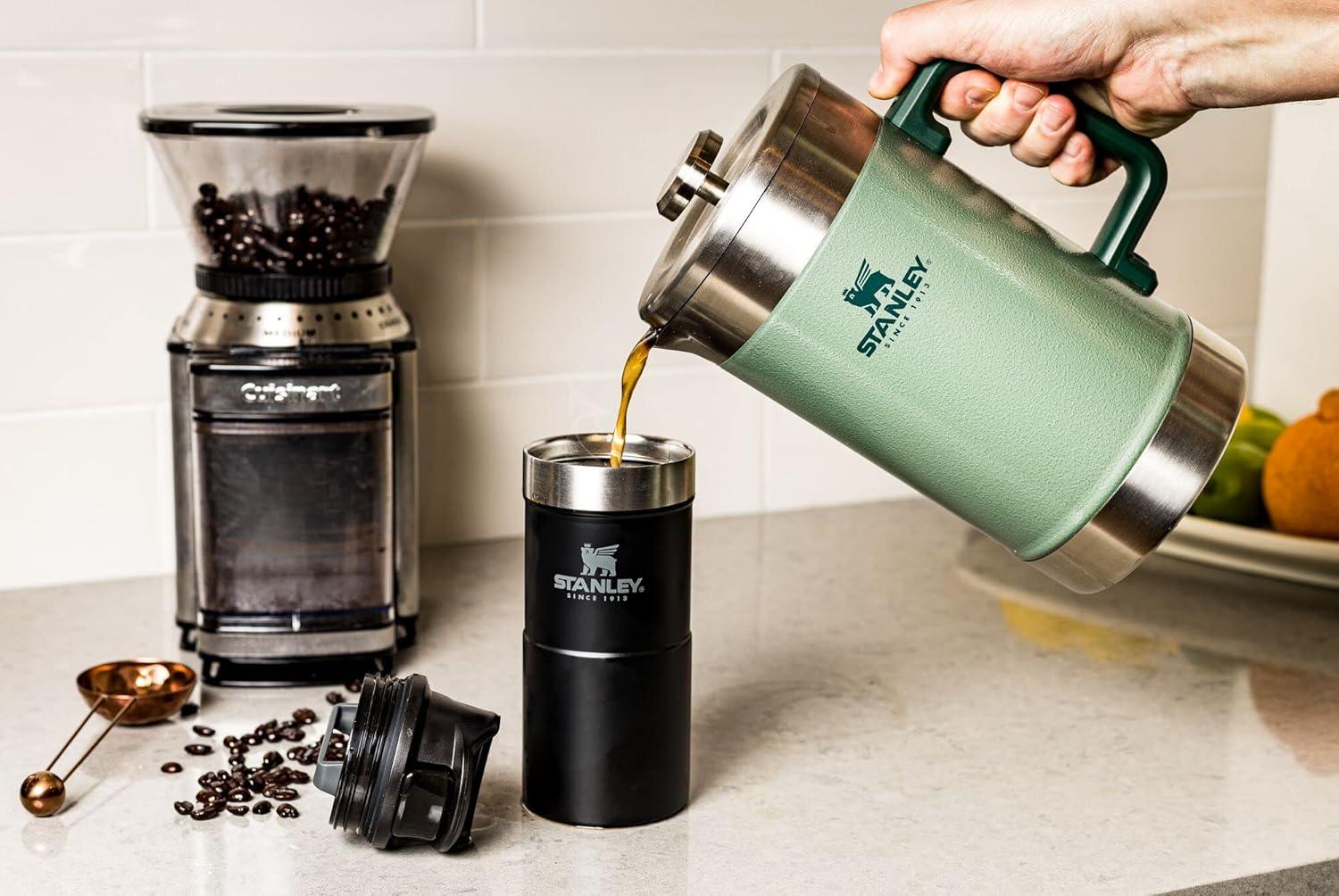 imageSTANLEY Classic StayHot French Press Coffee Maker 48 oz 5 Minute Brew 4 Hours Hot Mesh Filter for Coffee Grounds Insulated Stainless Steel French Press BPAFree Hammertone GreenHammertone Green