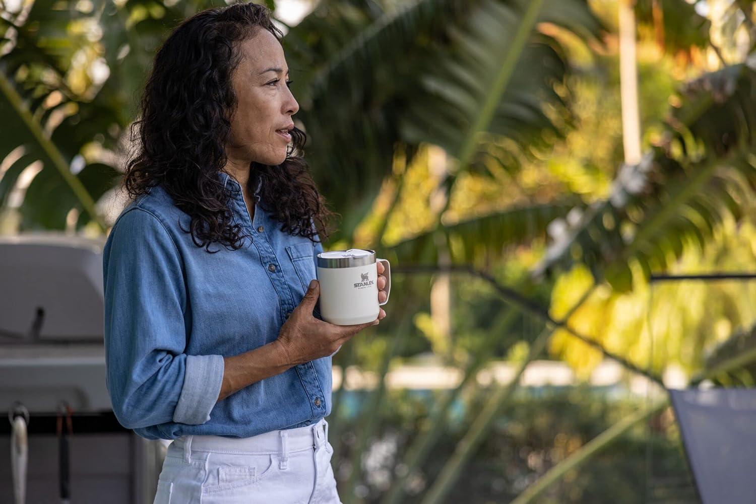 imageSTANLEY StayHot Camp Mug 12 oz Press Fit Drink Through Lid Cup for Coffee Tea and Drinks Insulated Stainless Steel Coffee Mug BPAFree Cream Gloss