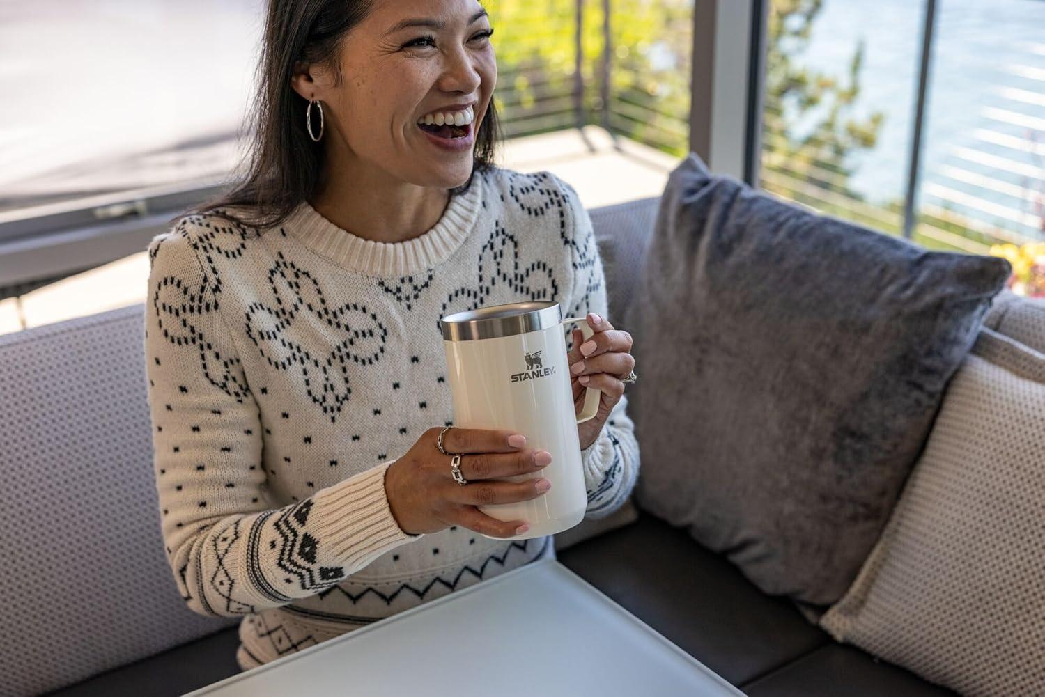 imageSTANLEY StayHot Camp Mug 24 oz Press Fit Drink Through Lid Cup for Coffee Tea and Drinks Insulated Stainless Steel Coffee Mug BPAFree Cream Gloss