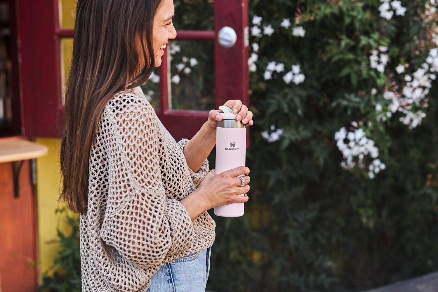 imageStanley AeroLight Transit Bottle 20 oz Locking Drink Through Lid Leak Resistant Water Bottle or Coffee Travel Mug Lightweight Insulated Stainless Steel BPAFree Rose QuartzHammertone Green