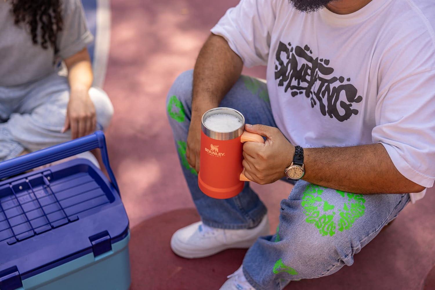 imageStanley StayChill Beer Stein 24 oz Heavy Duty Big Grip Handle Beer Tumbler Drink Cup Holds 2 Cans Insulated Stainless Steel Party Mug BPAFreeTigerlily