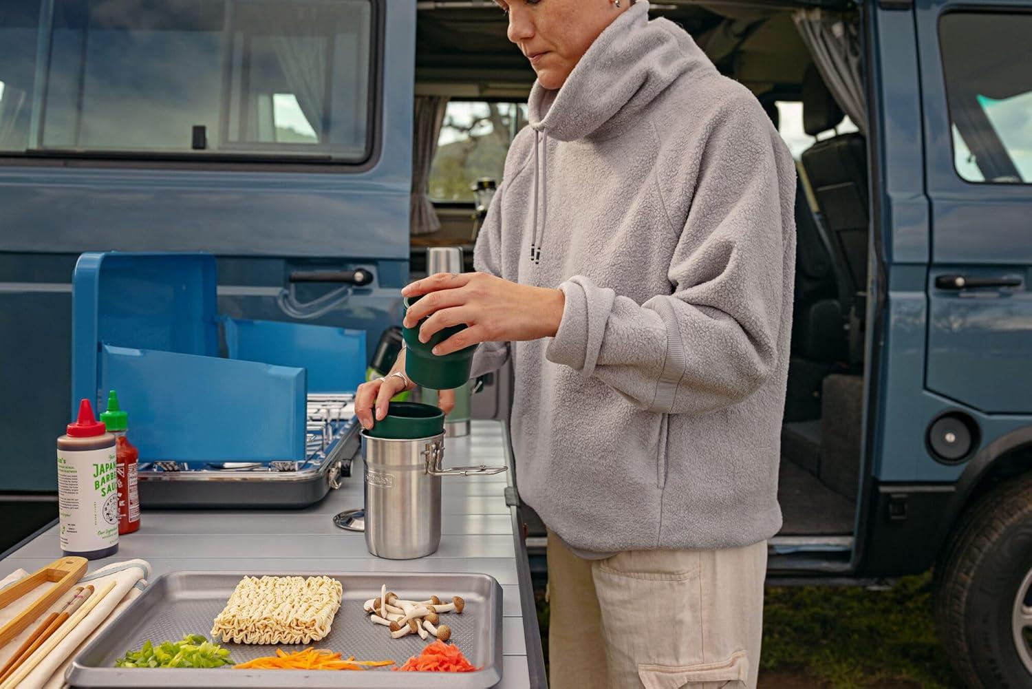 imageStanley Wildfare Go 4Piece Stainless Steel Two Cup Cook Set 32 oz Pot and Lid with Fold ampamp Lock Handle 2 Stacking Cups Camping Essentials for Your Camp Kitchen BPAFree Shale Charcoal