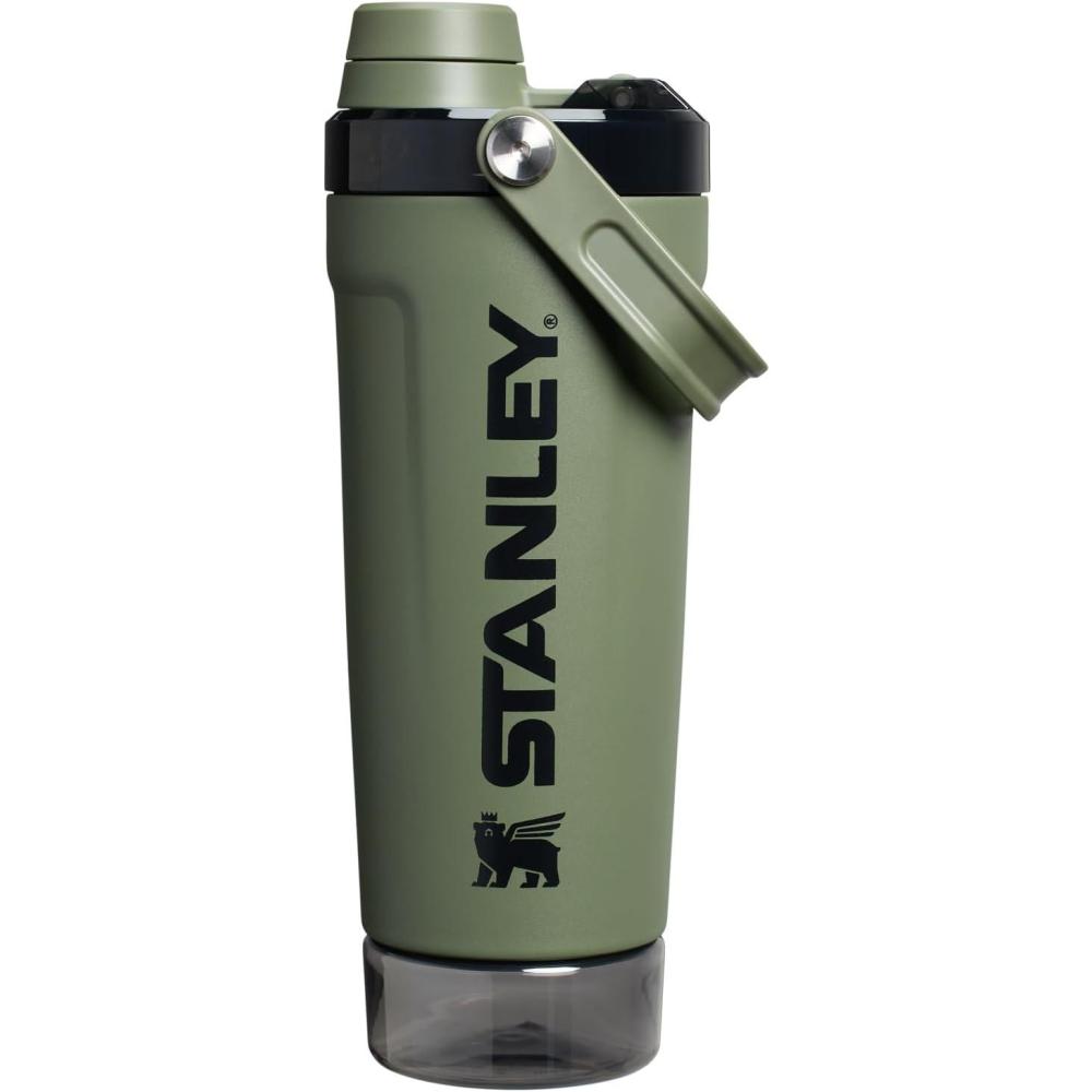 imageStanley Activate Shaker Bottle 20 oz  Leakproof Insulated Stainless Steel Shaker Cup  Base Storage and Twist On Fast Flow Lid  Protein Shakes and Pre Workout Powder  BPAFree  TwilightDried Pine