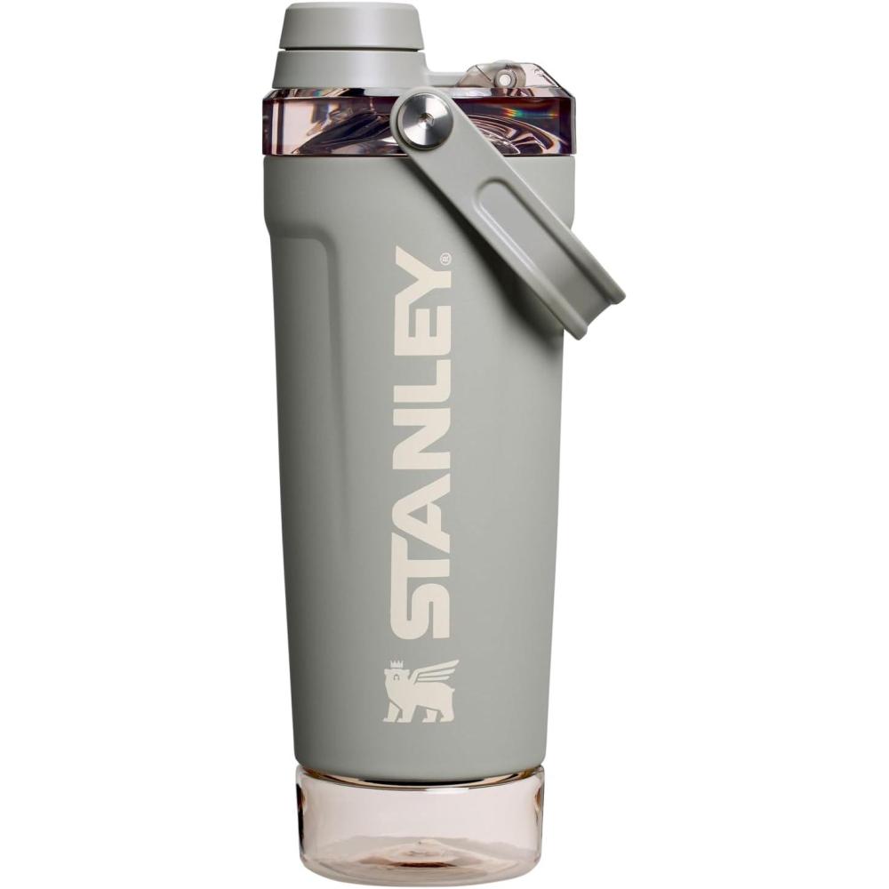 imageStanley Activate Shaker Bottle 20 oz Leakproof Insulated Stainless Steel Shaker Cup Base Storage and Twist On Fast Flow Lid Protein Shakes and Pre Workout Powder BPAFree TwilightSage Grey