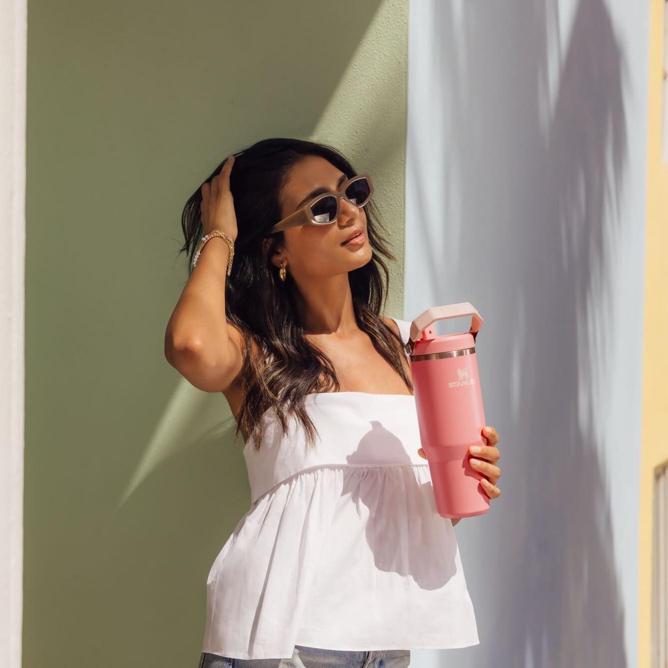 imageSTANLEY IceFlow 20 Flip Straw Tumbler with Handle 20 oz Twist On Lid and Flip Up Straw Leak Resistant Water Bottle Insulated Stainless Steel BPAFree AzurePink Mesa