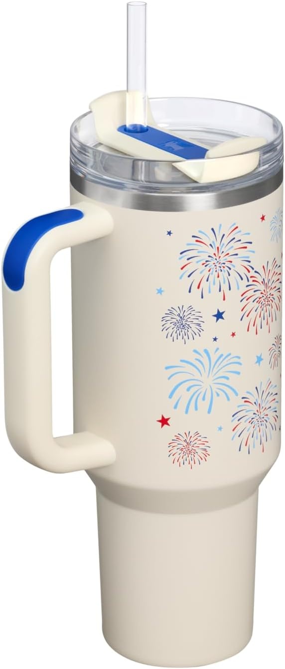 image:imageSTANLEY Quencher H20 Tumbler with Handle and Straw 40 oz Flowstate 3Position Lid Cup Holder Compatible for Travel Insulated Stainless Steel Cup BPAFree Chili Red FireworksCream Royal Fireworks