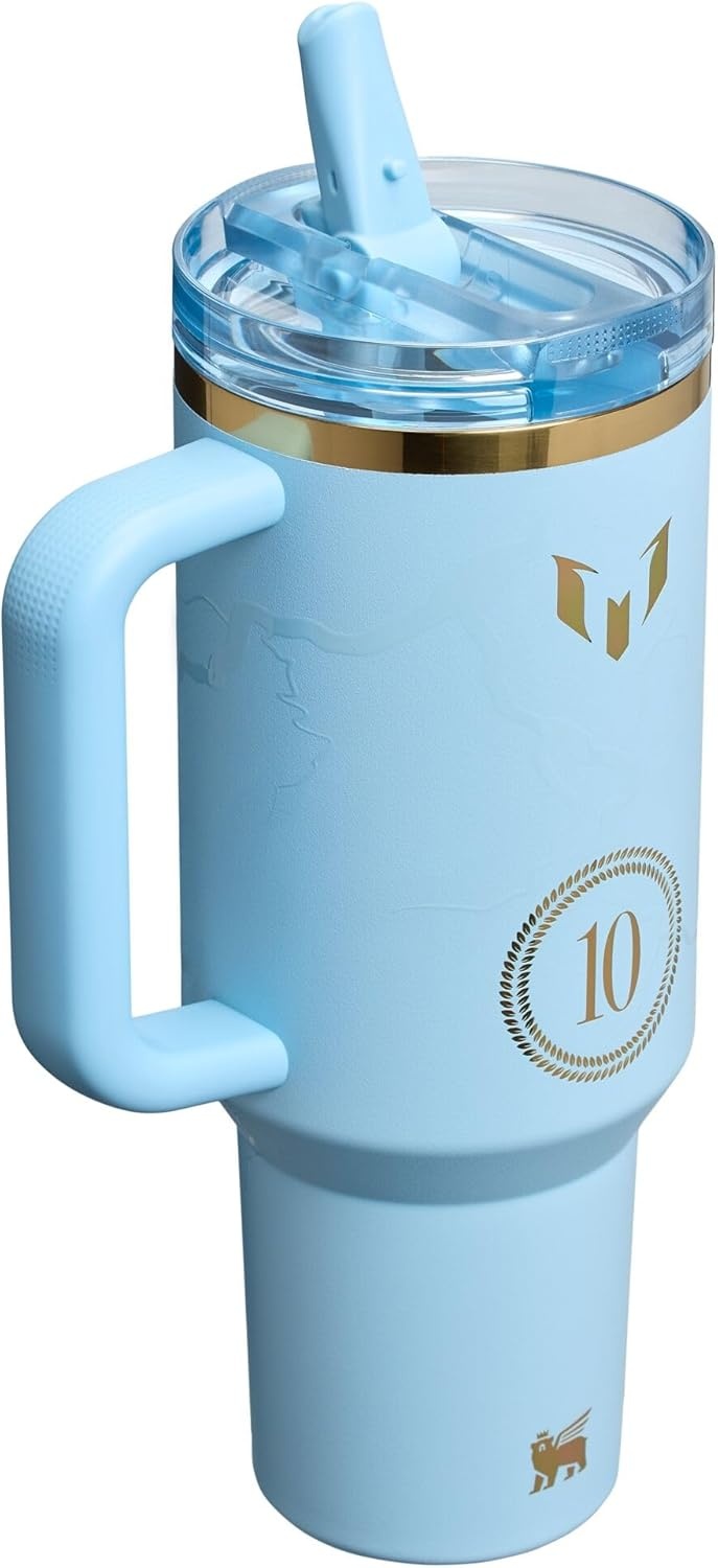 image:imageSTANLEY Quencher ProTour Flip Straw Tumbler with Leakproof Lid 30 oz Builtin Straw and Handle Cup Holder Compatible for Travel insulated Stainless Steel Cup BPAFree Team Light Blue WhiteMessi Striker Blue