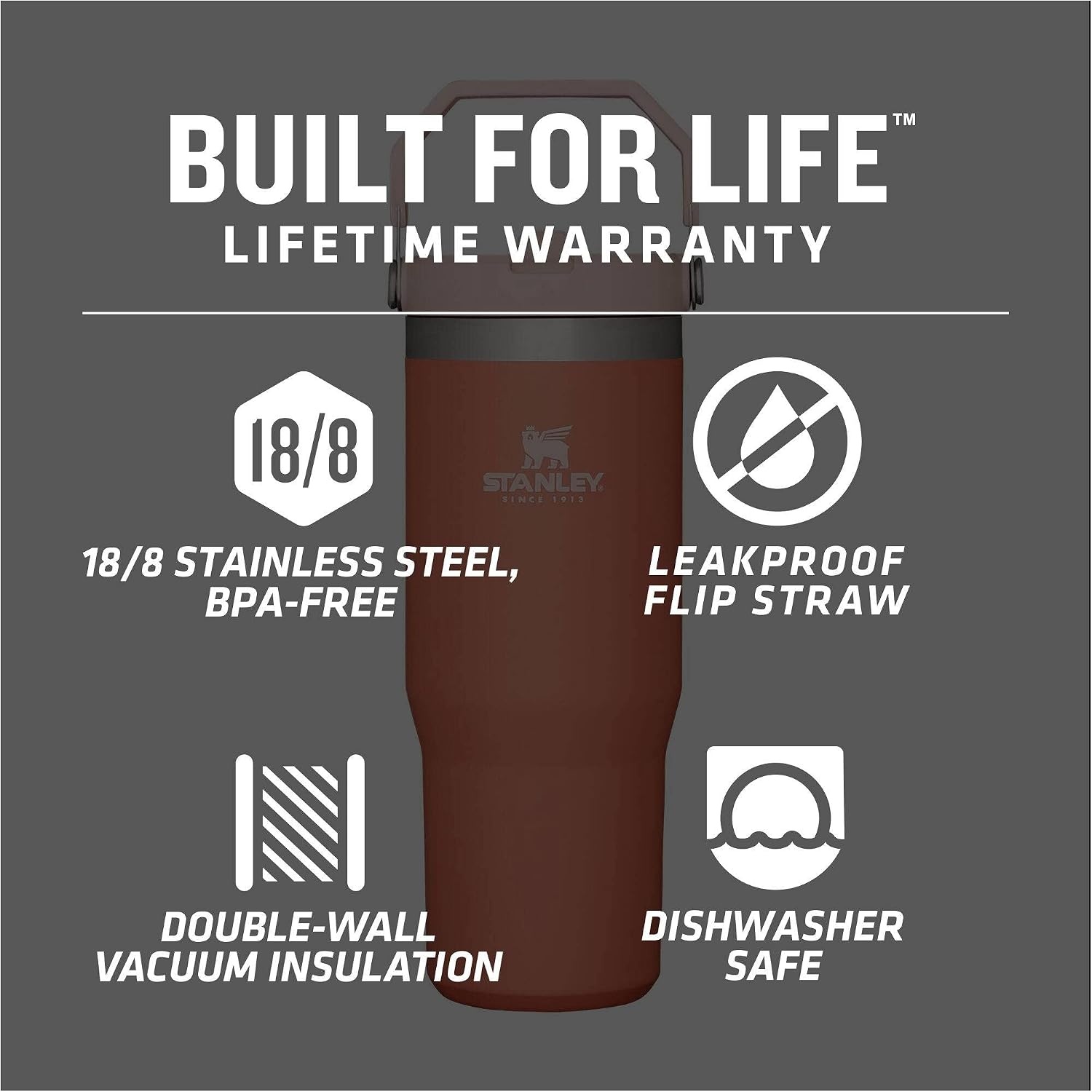 image:imageSTANLEY IceFlow 20 Flip Straw Tumbler with Handle 20 oz Twist On Lid and Flip Up Straw Leak Resistant Water Bottle Insulated Stainless Steel BPAFree Stainless Steel AshGrapefruit