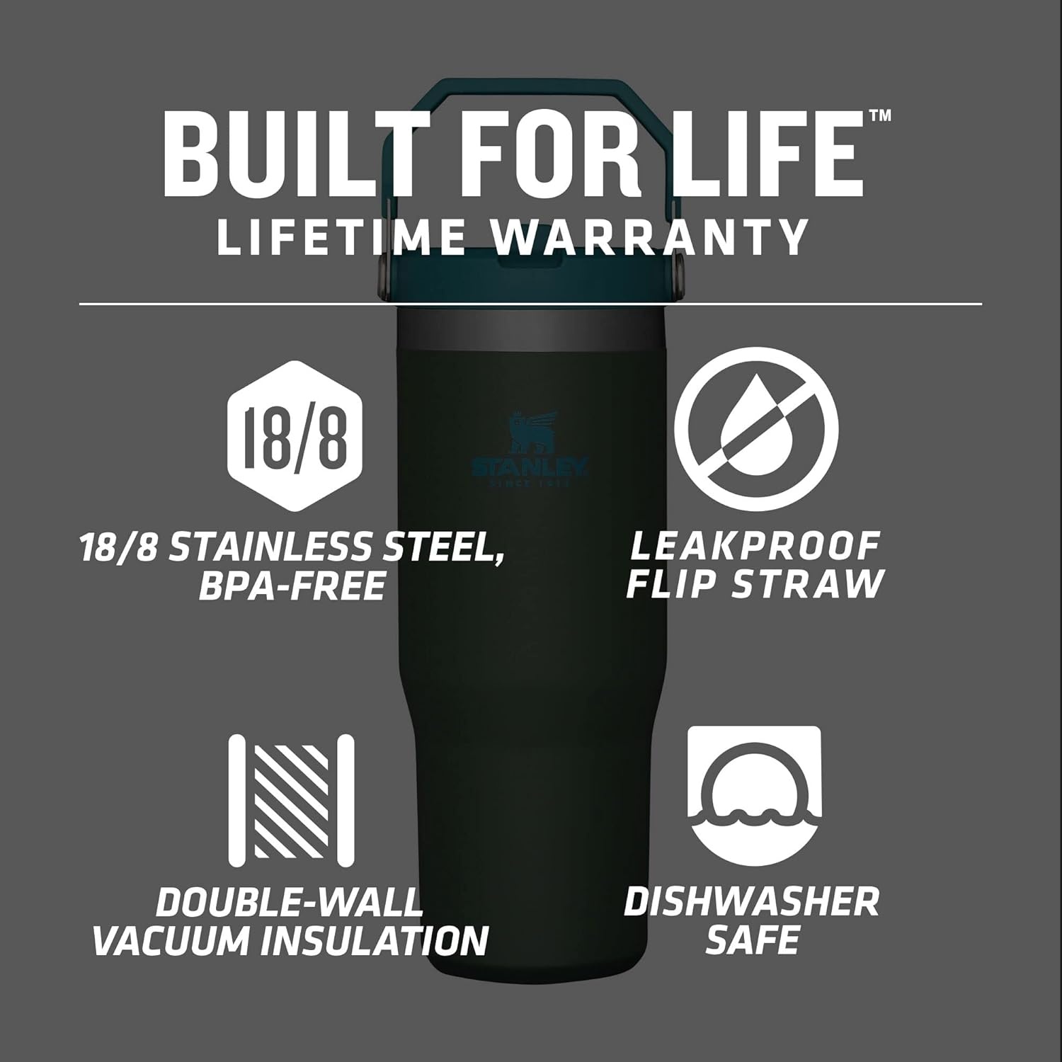 image:imageSTANLEY IceFlow 20 Flip Straw Tumbler with Handle 20 oz Twist On Lid and Flip Up Straw Leak Resistant Water Bottle Insulated Stainless Steel BPAFree Stainless Steel AshSpirulina
