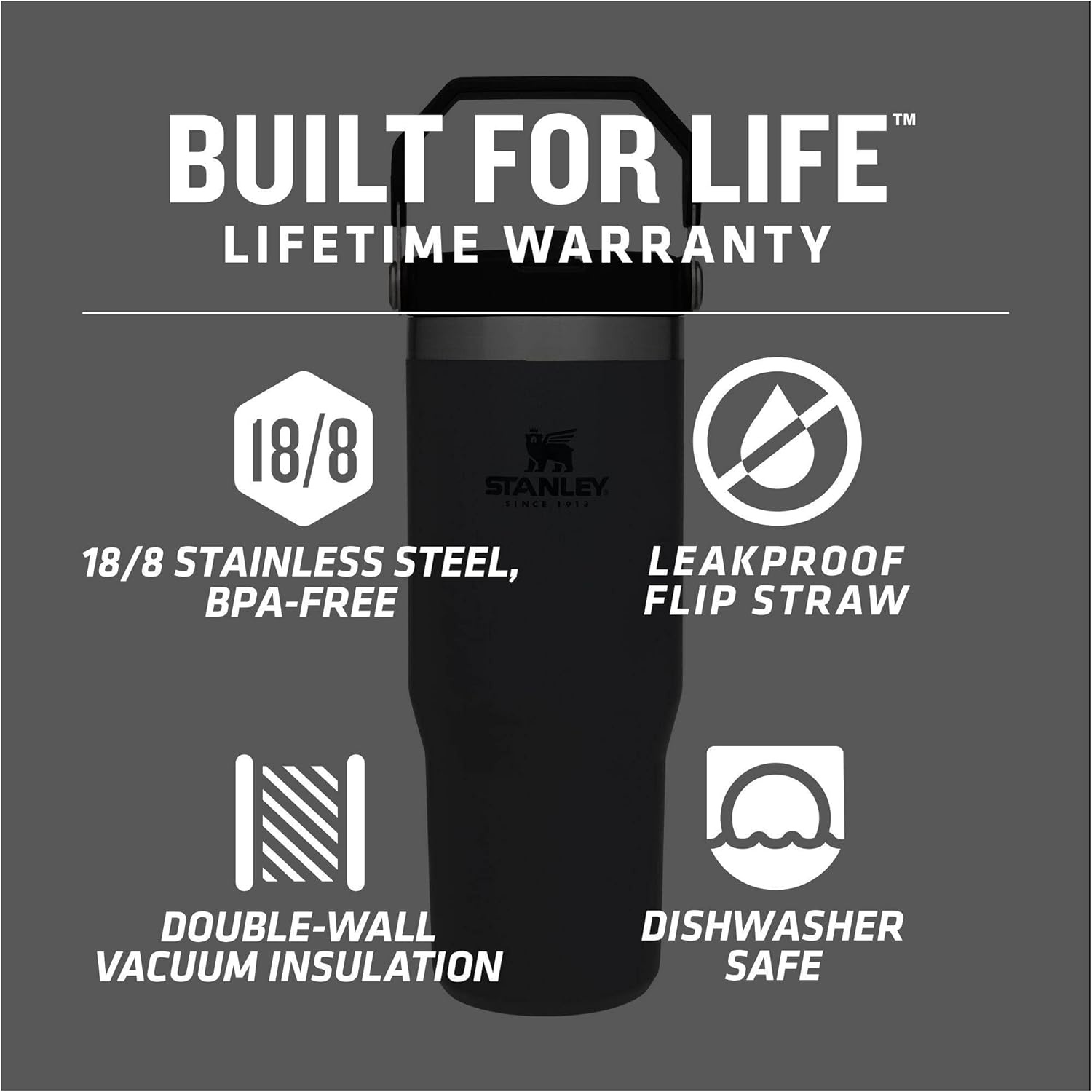 image:imageSTANLEY IceFlow 20 Flip Straw Tumbler with Handle 20 oz Twist On Lid and Flip Up Straw Leak Resistant Water Bottle Insulated Stainless Steel BPAFree Stainless Steel AshCharcoal