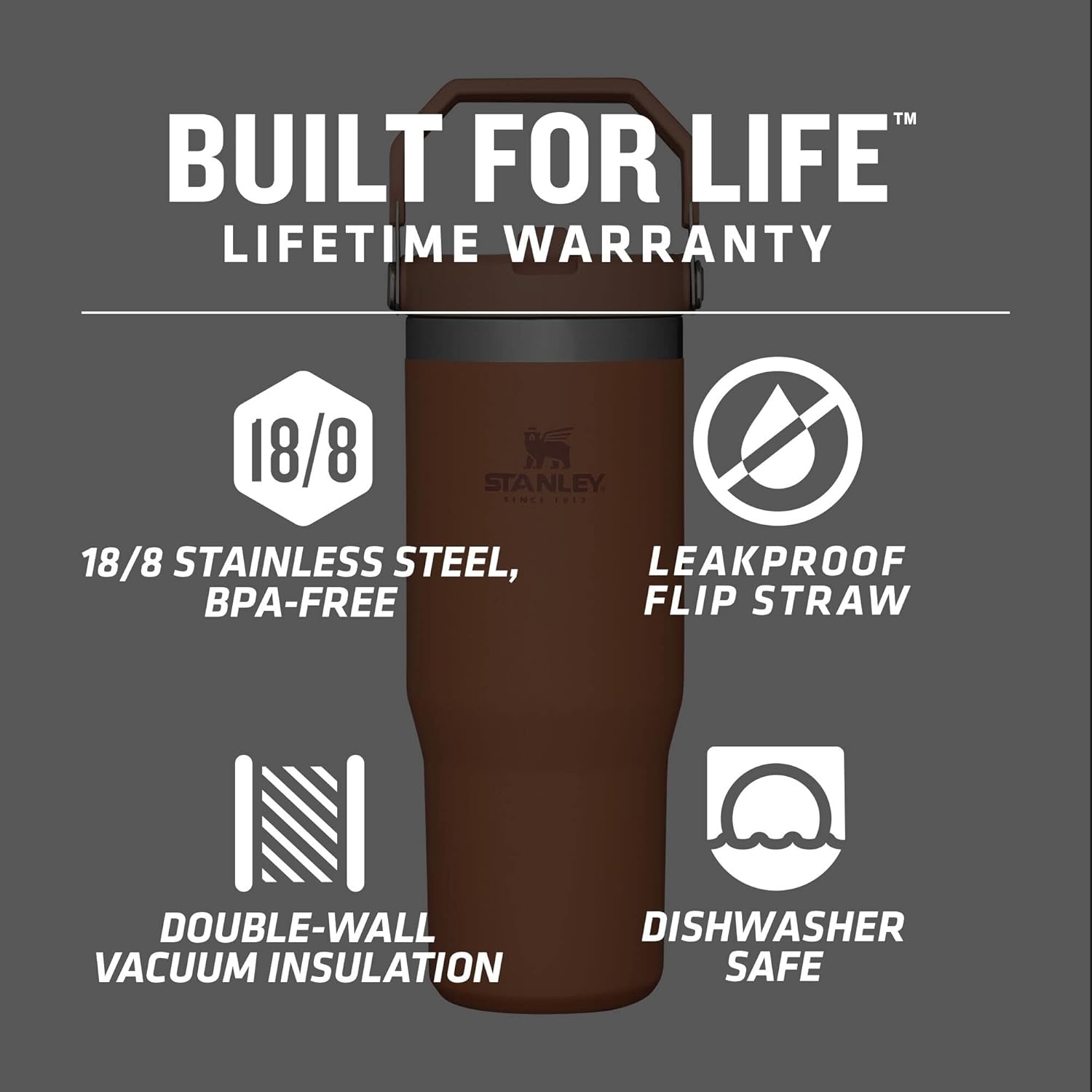 image:imageSTANLEY IceFlow 20 Flip Straw Tumbler with Handle 20 oz Twist On Lid and Flip Up Straw Leak Resistant Water Bottle Insulated Stainless Steel BPAFree Stainless Steel AshOchre