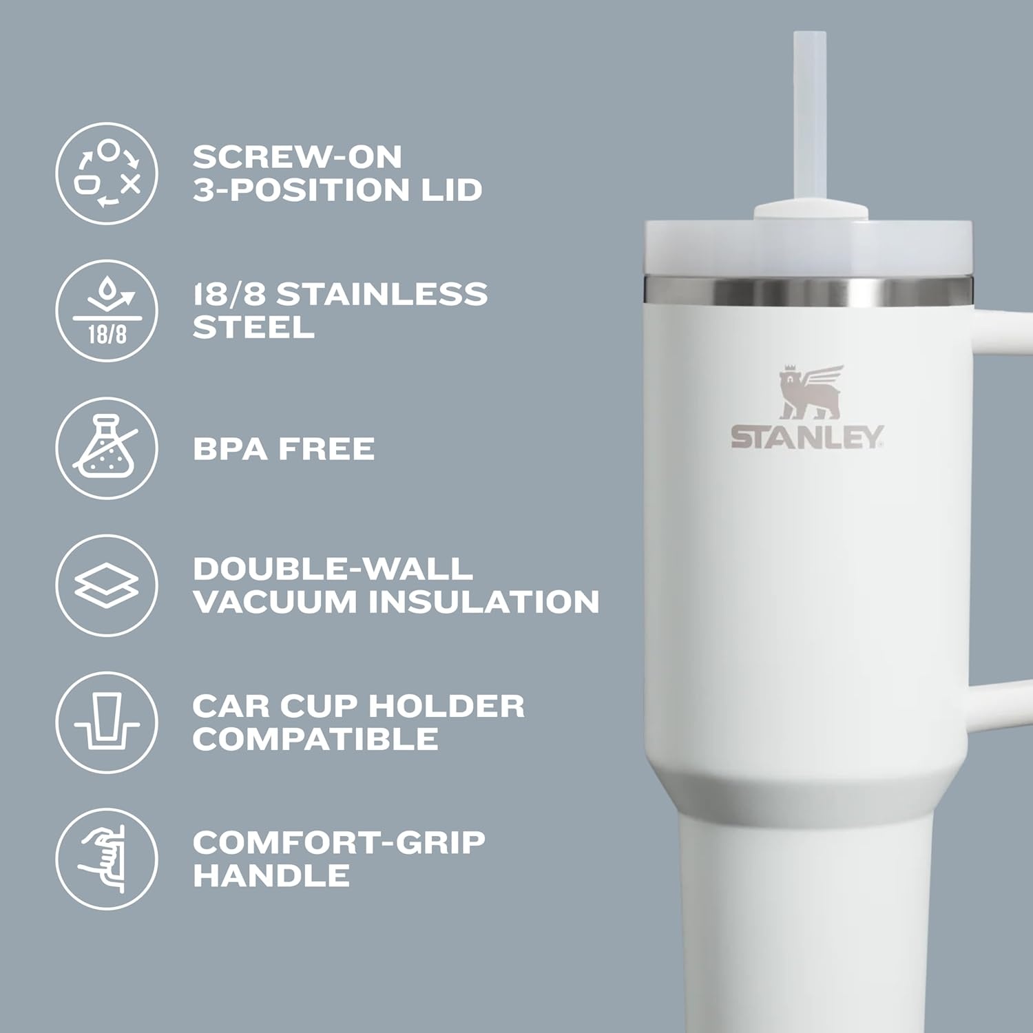 image:imageSTANLEY Quencher H20 Tumbler with Handle and Straw 20 oz Flowstate 3Position Lid Cup Holder Compatible for Travel Insulated Stainless Steel Cup BPAFree Blue Dream StoneCream 20
